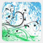 Blue and Green Floral Grunge Square Stickers