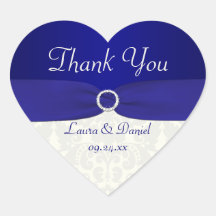 Blue and Ivory Damask Heart Shaped Wedding Sticker