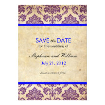 Blue and Purple Damask Wedding Save the Date Personalized Announcements