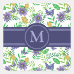 Blue and Purple Flowers with Butterflies Square Stickers