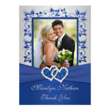 Blue and Silver Joined Hearts Photo Thank You Card Custom Invites