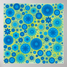Blue and Turquoise Hippy Flower Pattern Posters