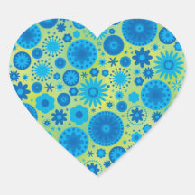 Blue and Turquoise Hippy Flower Pattern Heart Sticker