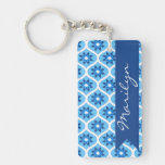 Blue and White Floral Pattern Rectangular Acrylic Key Chains
