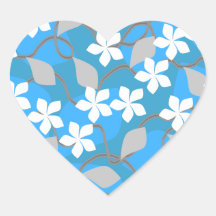 Blue and White Flowers. Floral Pattern. Heart Sticker