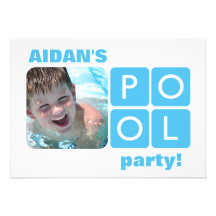 Blue and White Summer Pool Party Photo Invitation