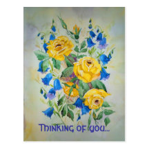 Blue bells with rose, Thinking of you... Post Card