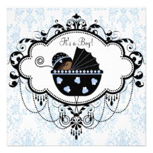 Blue Black Damask Baby Boy Shower Invitations