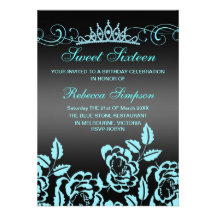 Blue & Black Rose & Tiara Birthday Invitation