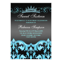 Blue/Black Sweet16 Damask & Tiara Birthday Invite