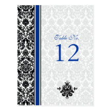 Blue, Black, White Damask Table Number Card Postcards