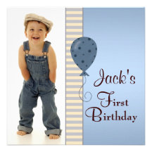Blue Brown Boys Photo 1st Birthday Party Personalised Invitations