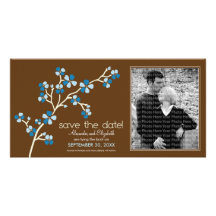 Blue/Brown Cherry Blossom Save the Date Photocard Photo Card Template