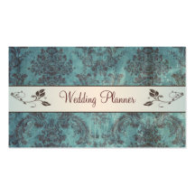 Blue brown damask Wedding Planner Business Card
