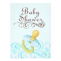 Blue/Brown Pacifier & Swirl Baby Shower Invitation