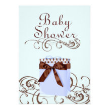 Blue/Brown Present & Swirl Baby Shower Invitation
