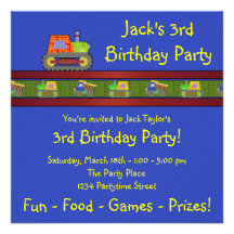 Blue Bulldozer 3rd Birthday Party Invitation