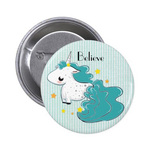 Blue cartoon unicorn with stars button