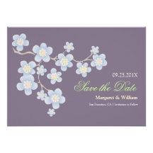 Blue Cherry Blossom Save the Date: Purple Custom Announcement