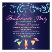 Blue Cocktail Time Bachelorette Party Invitation