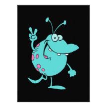 blue cute cartoon peace gesture alien dude invites