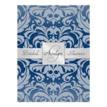Blue Damask Bridal Shower Monogram Invitation