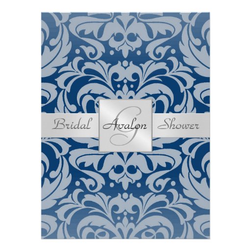 Blue Damask Bridal Shower Monogram Invitation
