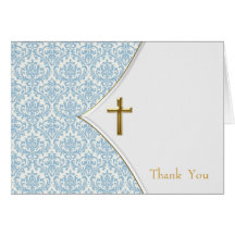 Blue Damask Christening Thank You Cards