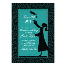 Blue Damask Graduation Invitation Silhouette Grad