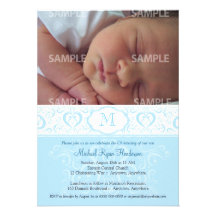 Blue Damask Monogram Baptism/Christening Invites