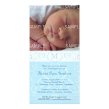 Blue Damask Monogram Baptism/Christening Photo Card