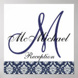 Blue Damask  Monogram Wedding Reception Sign Posters
