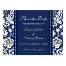Blue Damask Save the Date Wedding Postcards