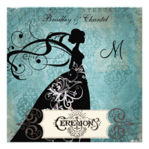 Blue Damask Silhouette Bride Wedding Invitation