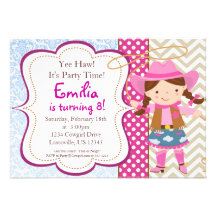 Blue Damask, Tan Chevron Cowgirl Birthday Party Custom Invite