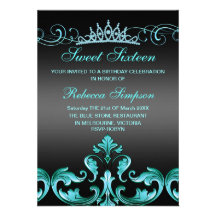 Blue Damask & Tiara Birthday Invitation