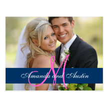 Blue Damask Wedding Photo Thank You Postcard
