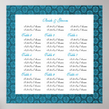 Blue damask wedding seating charts posters