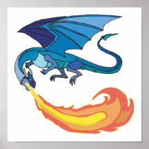 blue dragon breathing fire print