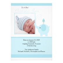 Blue Elephant Baby Boy Photo Announcement Card