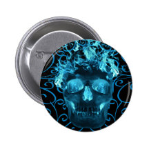 Blue Flaming Skull Button