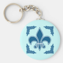 Blue Fleur de Lis with Ornate Border Keychain
