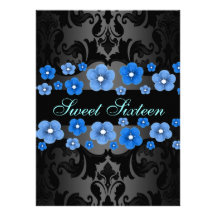 Blue Flower Damask Sweet16 Birthday Invite