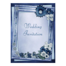 Blue Flower Frame Winter Linen Wedding Invites