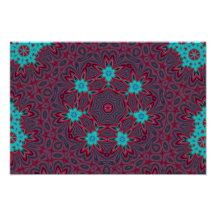 Blue Flowers Mandala on Red Photo