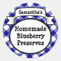 Blue Gingham Blueberry Jelly Jam Jar/Lid Label Round Sticker