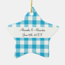 Blue gingham pattern wedding favours christmas tree ornaments