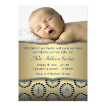 Blue Gold Boy Photo Birth Announcement