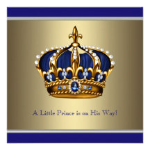 Blue Gold Crown Little Prince Boy Baby Shower Personalised Announcements