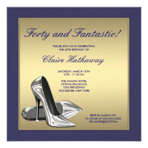Blue Gold High Heels Womans 40th Birthday Party Personalised Invites